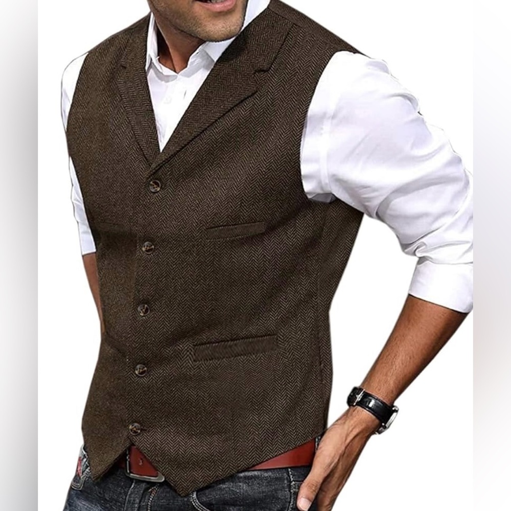 Classic Men's Brown Herringbone Vest - Tailored Formal Waistcoat